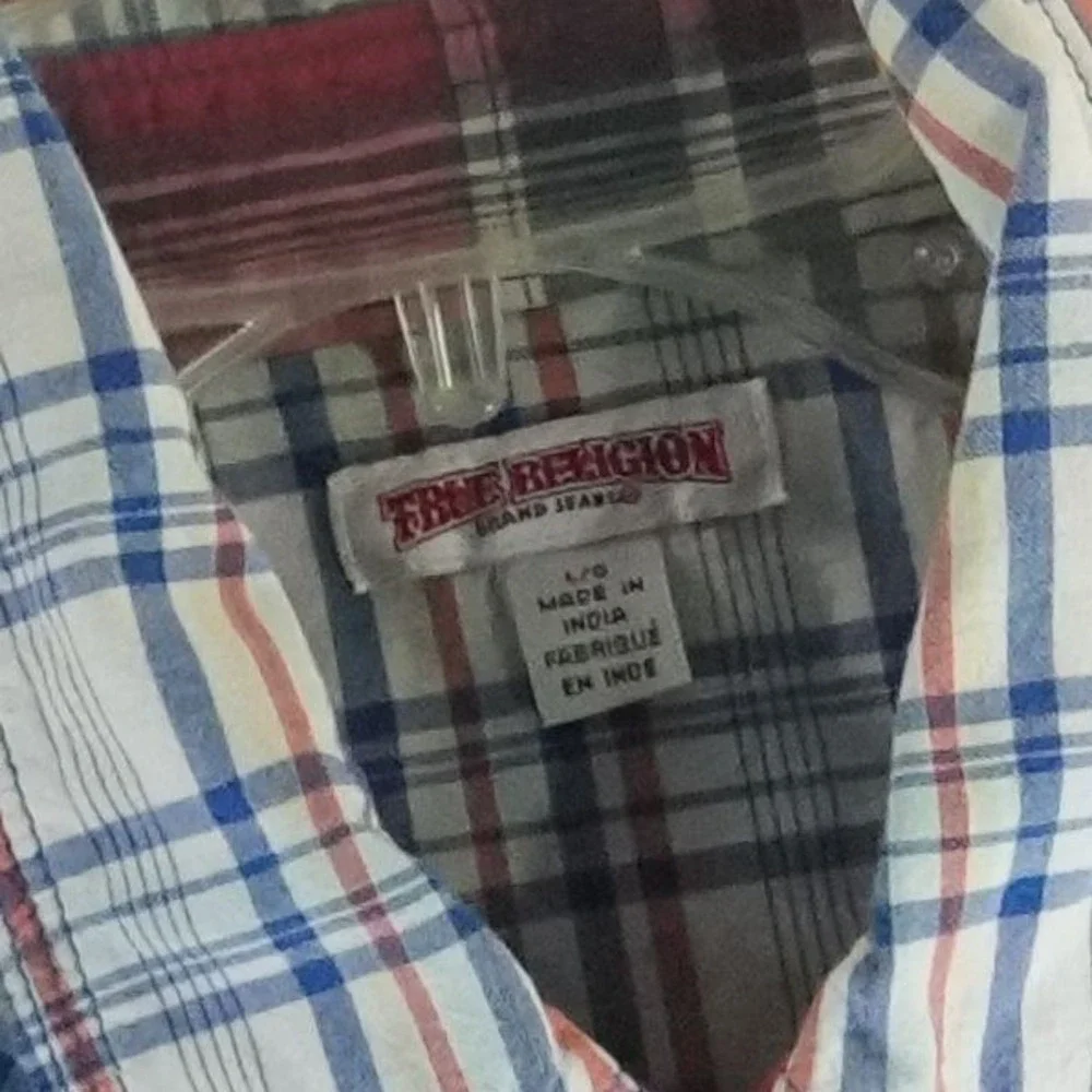True Religion Shirt Men's Size Large Blue Plaid Pearl Snap Western Short Sleeves